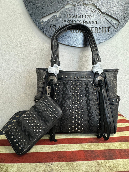 Black Flower and Bead Concealed Carry Purse with Wallet