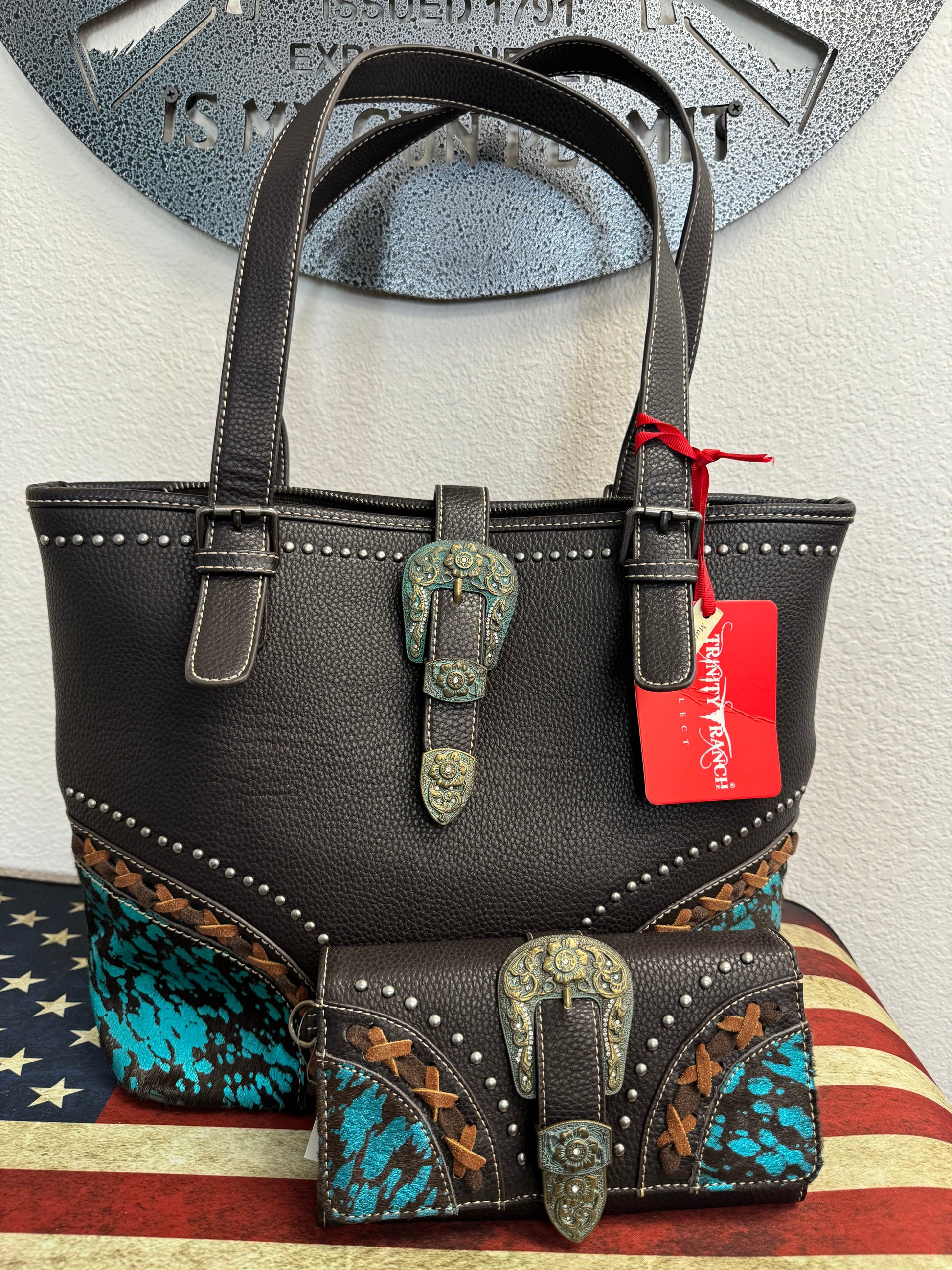 Dark Brown and Turquoise Cowhide Concealed Carry Purse